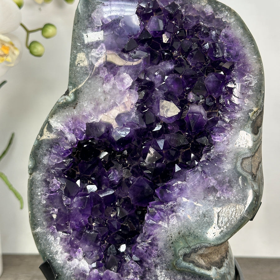 Large Natural Amethyst Stone with Green Jasper Shell on Metal Stand - MWS2820