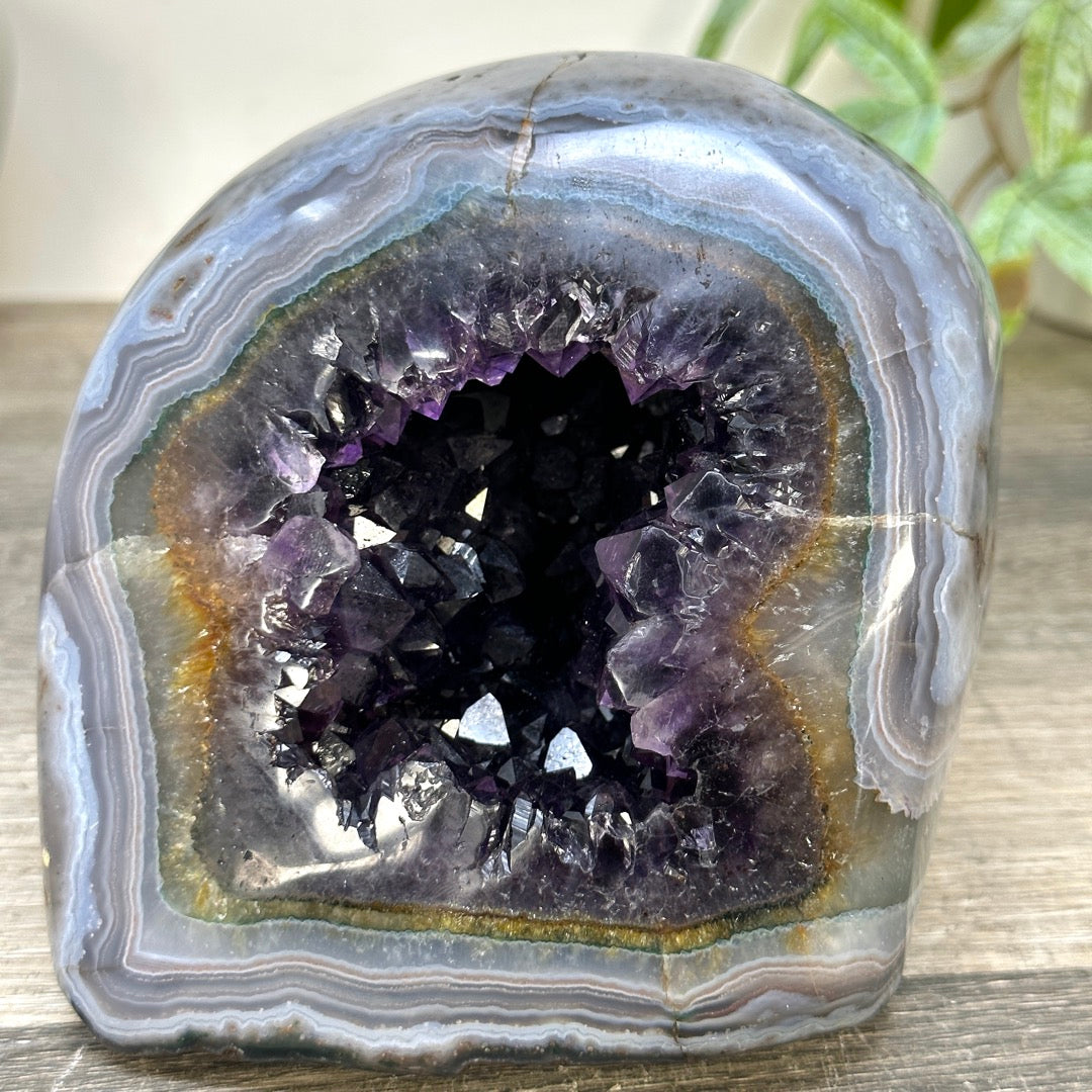Deep Purple Amethyst &amp; Blue Banded Agate Stone Geode from Uruguay - STGE0063