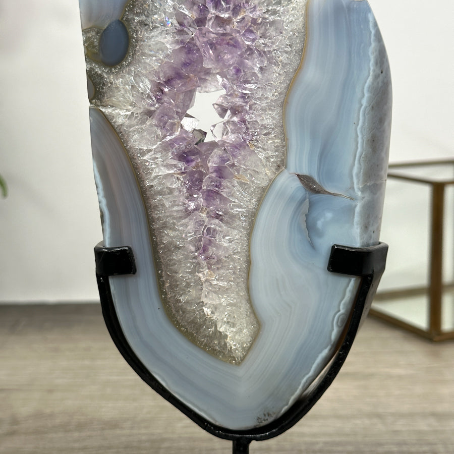 Natural Blue Banded Agate &amp; Amethyst Stone Slice on Stand - MWS3016