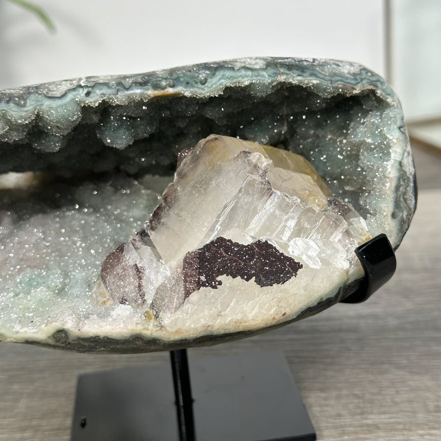 Green Quartz Geode with Calcite Crystal on Metal Stand - MWS2722