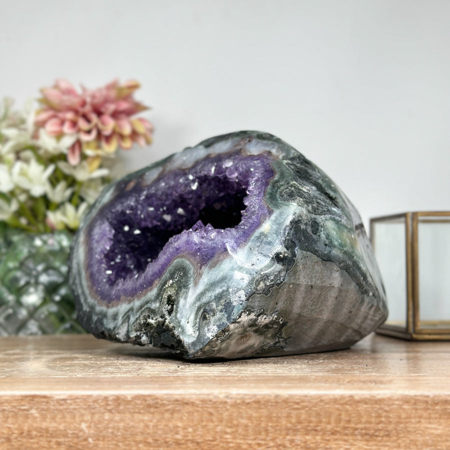 Amethyst Geode with Green Jasper Shell &amp; Deep Purple Crystal Cavity - STGE0009