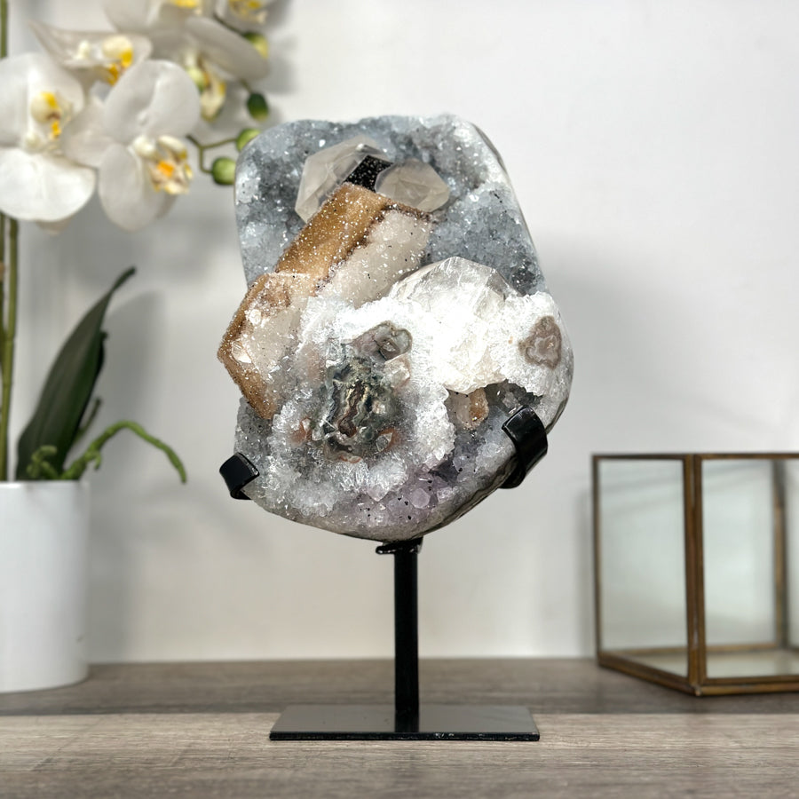 Quartz Crystal with Calite Geode on Stand Mineral Specimen