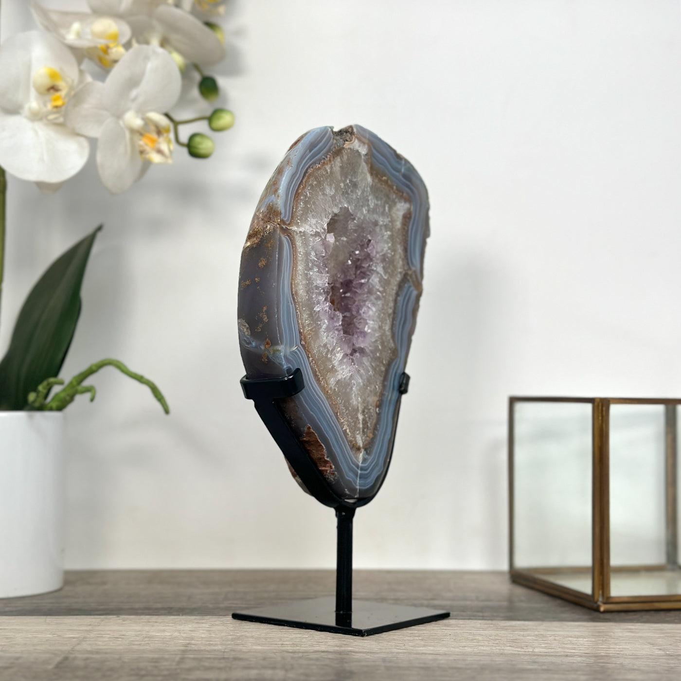 Blue Banded Agate and Amethyst Geode Slice - MWS2654
