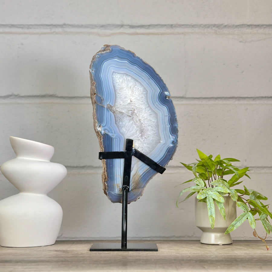 XXL Natural Blue Banded Agate &amp; Quartz Stone Slice on Stand - MWS3043