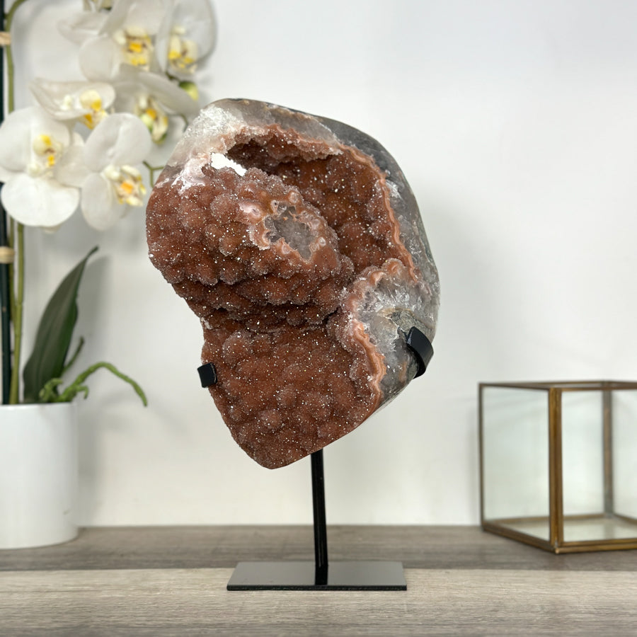 Unique Orange Sugar Druzy Crystal on Metal Stand – Stunning Natural Stone for Meditation Space Decor - MWS2707