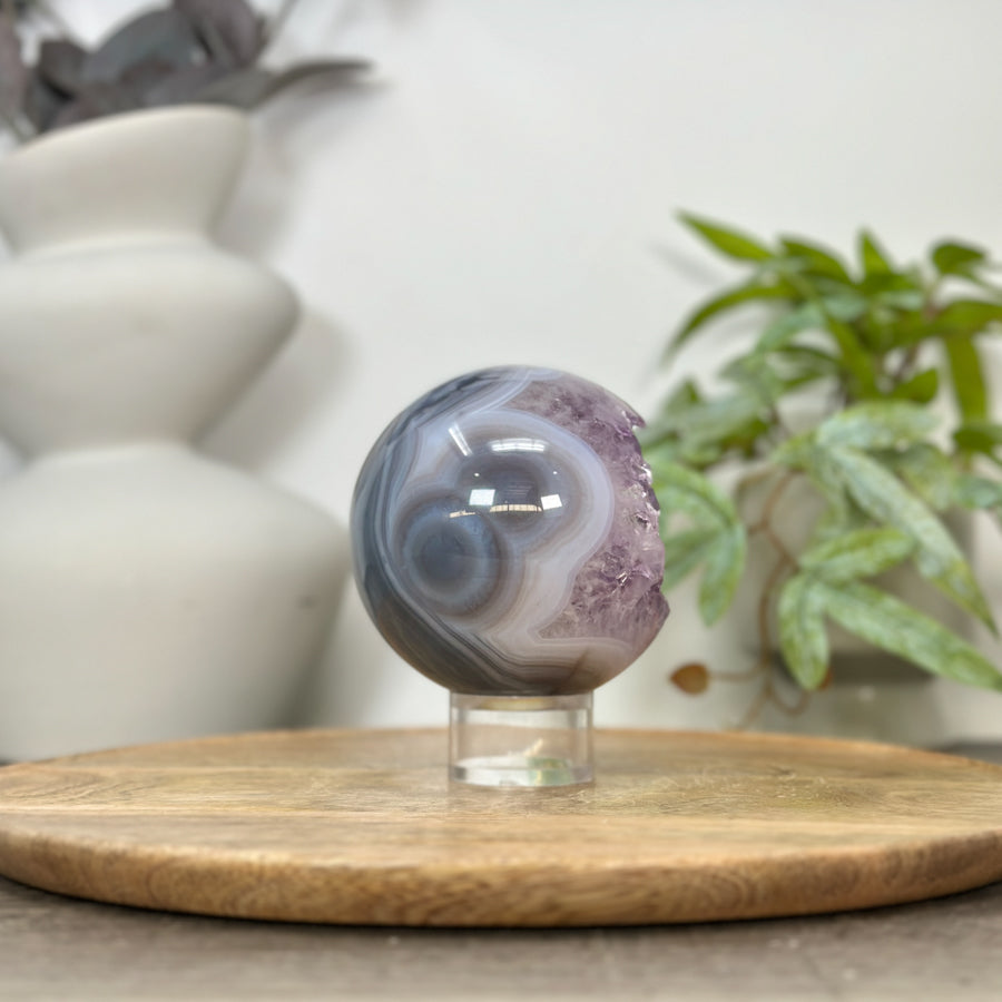 Amethyst &amp; Blue Banded Agate Sphere Geode with Crystal Cavity - SPH0177