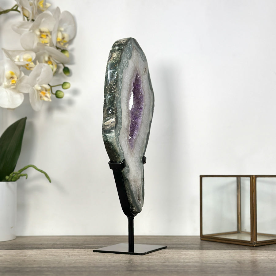 Amethyst &amp; Green Jasper Geode Slice With Metal Stand - MWS2743