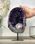 Large Deep Purple Amethyst Geode with Agate Shell and Metal Stand – Ideal Crystal Display - MWS2714