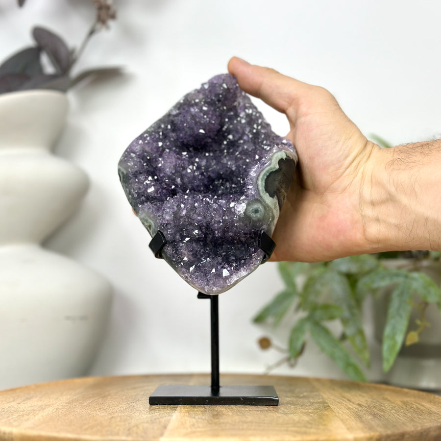 Natural Amethyst with Stalactite Formation &amp; Green Jasper Shell on Stand - MWS3256