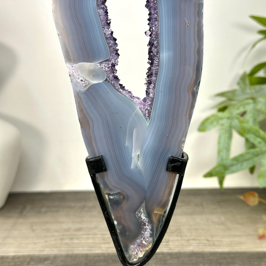 Natural Blue Banded Agate &amp; Amethyst Geode Portal with Stand - MWS3242