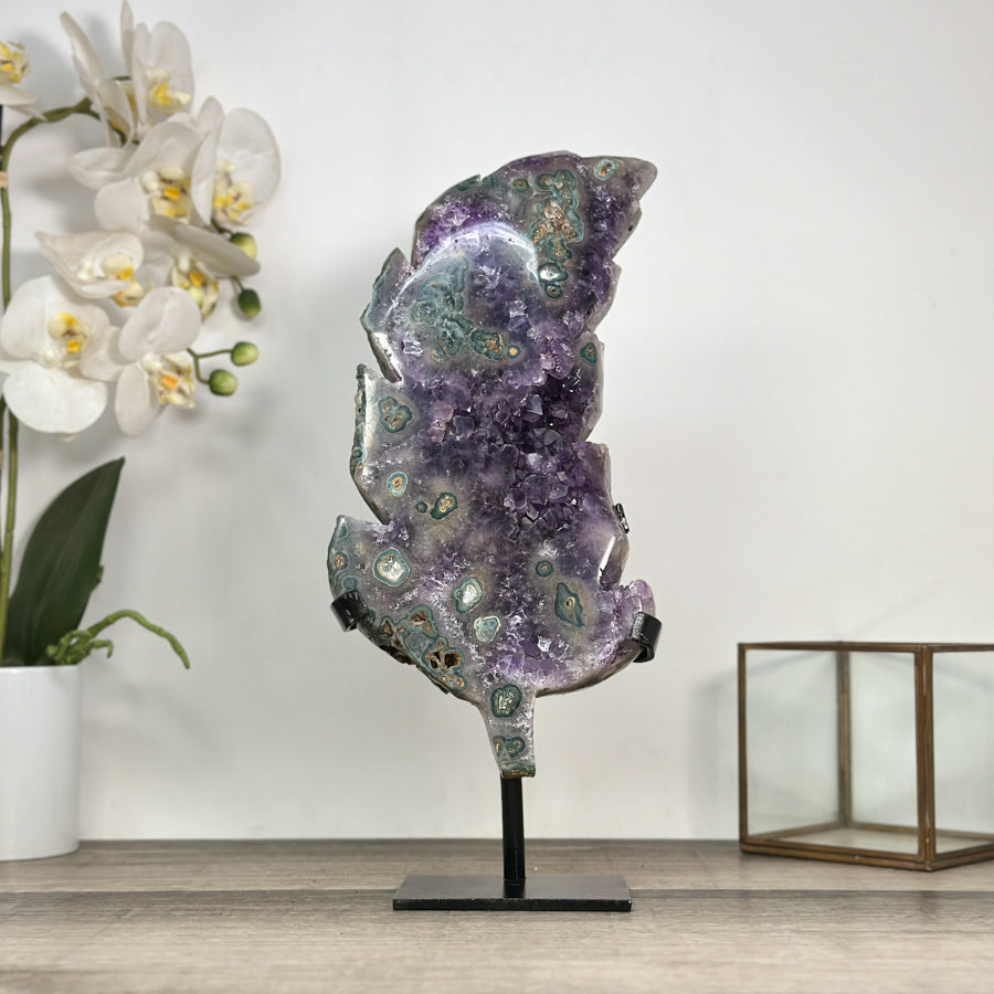 Amethyst Leaf Carving on Stand with Deep Purple Crystals - MWS2813