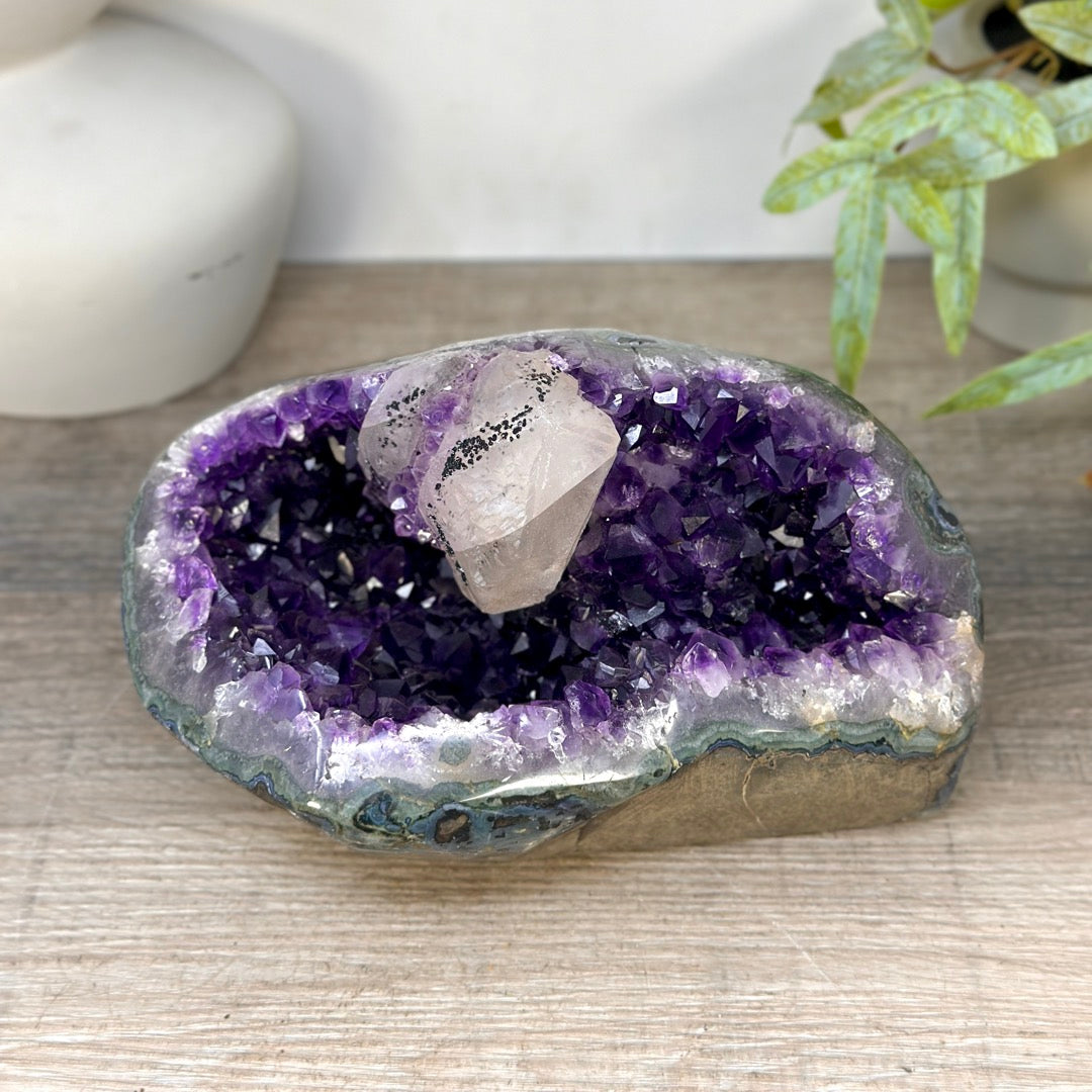 Deep Purple Amethyst Geode with Calcite Crystal - STGE0096