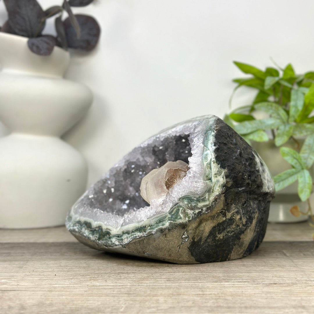 Natural Quartz &amp; Green Jasper Stone Geode with Calcite Formation - STGE0031