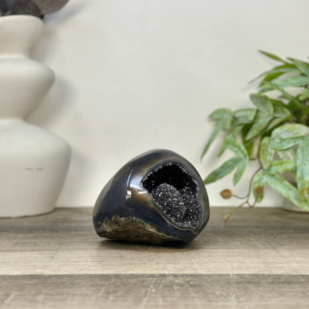 Polished Agate Stone Geode with Black Quartz Druzy - STGE0059