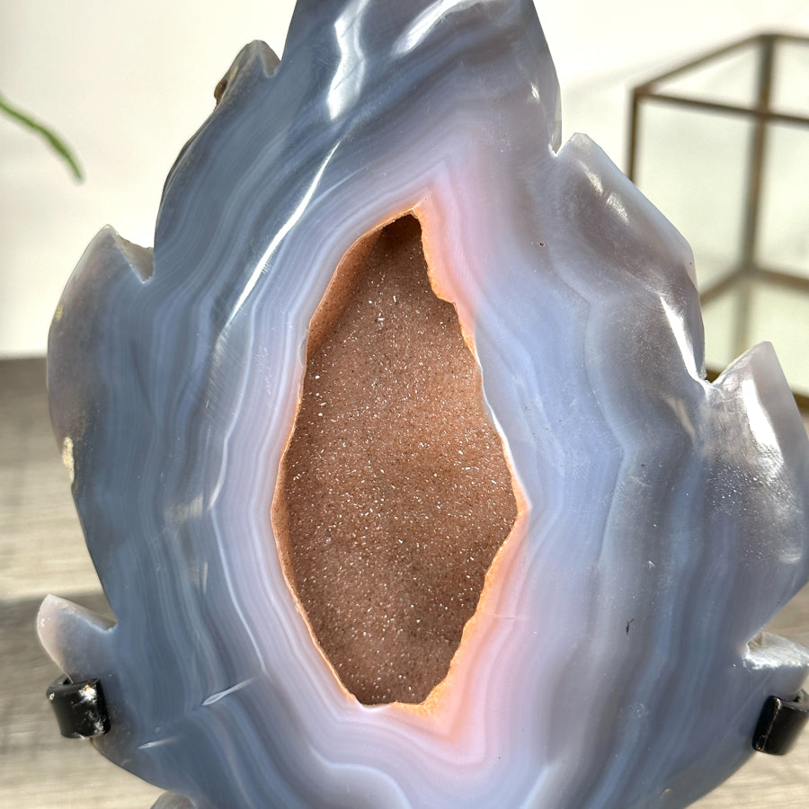 Natural Blue Banded Agate Geode Stone Leaf Carving with Orange Druzy Interior - MWS2807