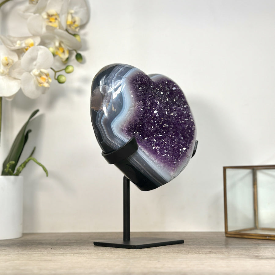 Natural Blue Banded Agate &amp; Amethyst Stone Heart - HST0321