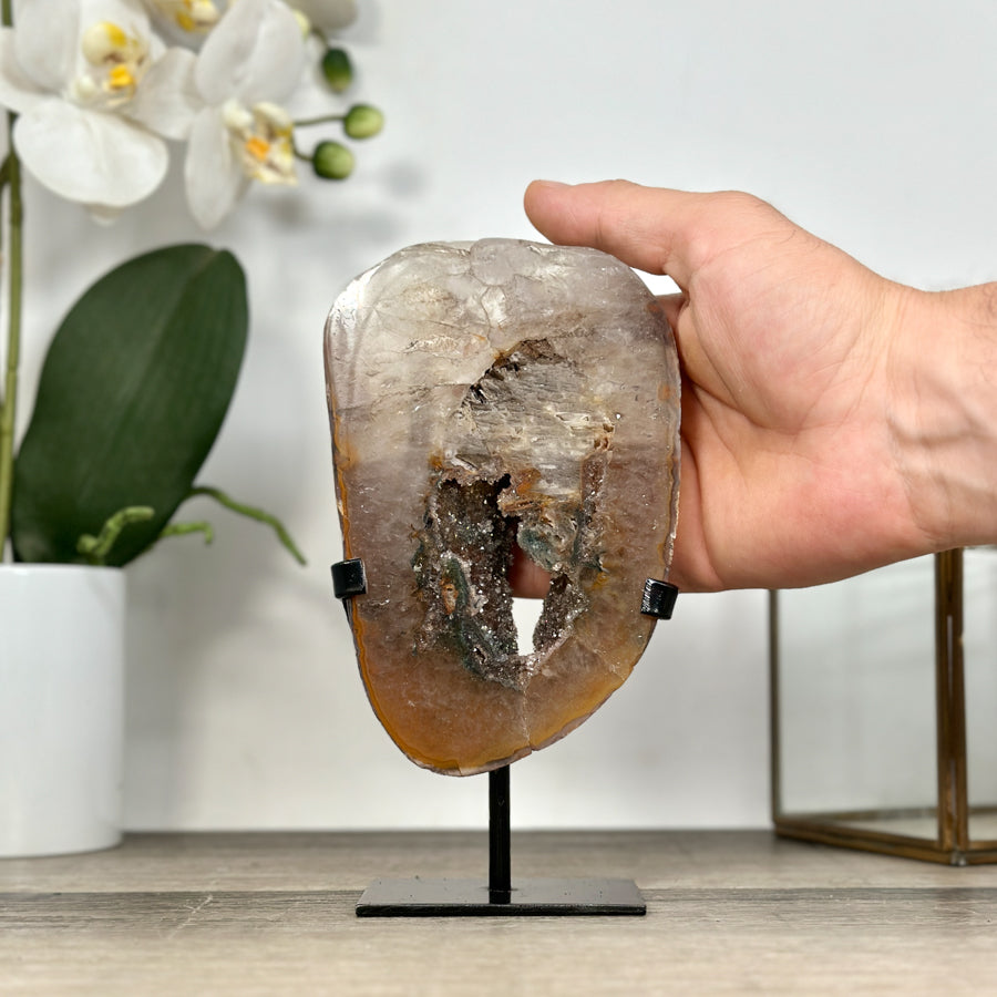 Rare Quartz Portal on Metal Stand with Green tone Druzy Crystals - MWS2902