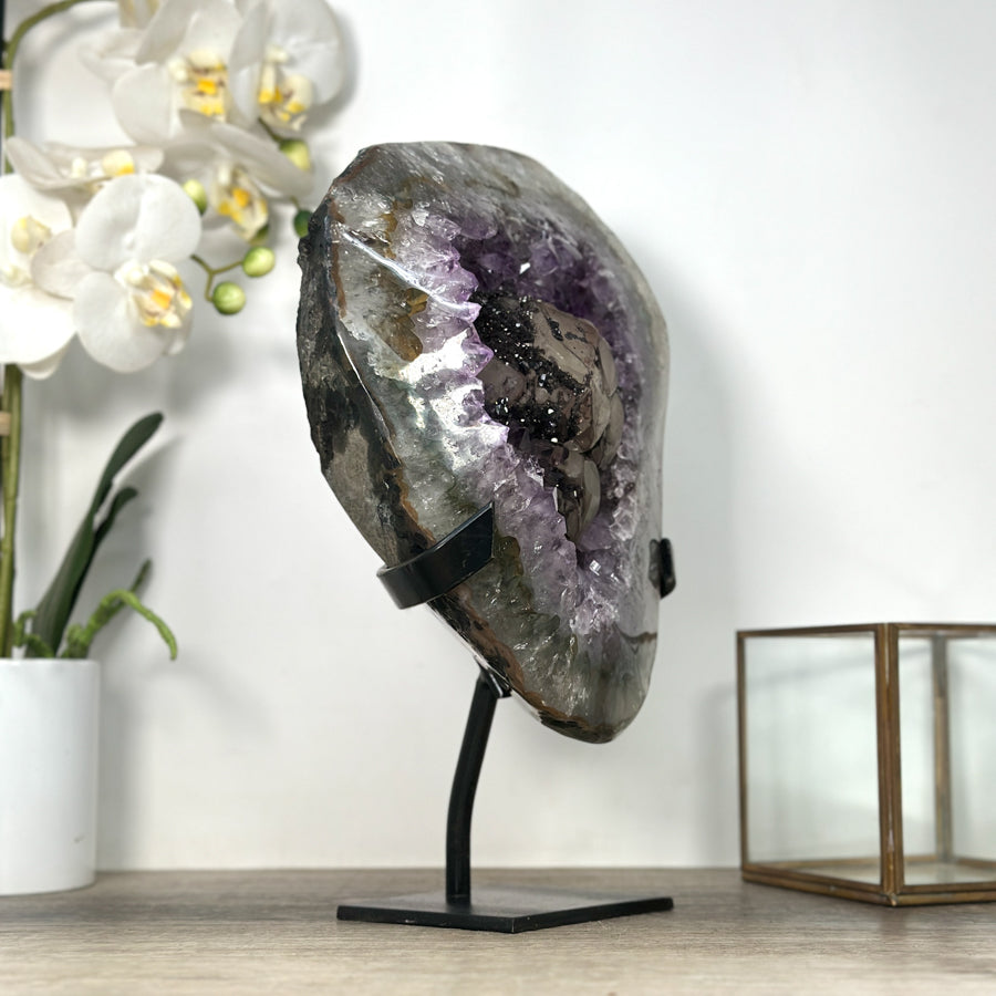 Rare Large Amethyst Geode with Quartz Shell &amp; Black Hematite Calcite Inclusion - MWS2535