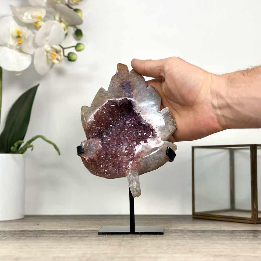Pink Amethyst Stone Leaf Carving - Metal Stand Included - MWS2805
