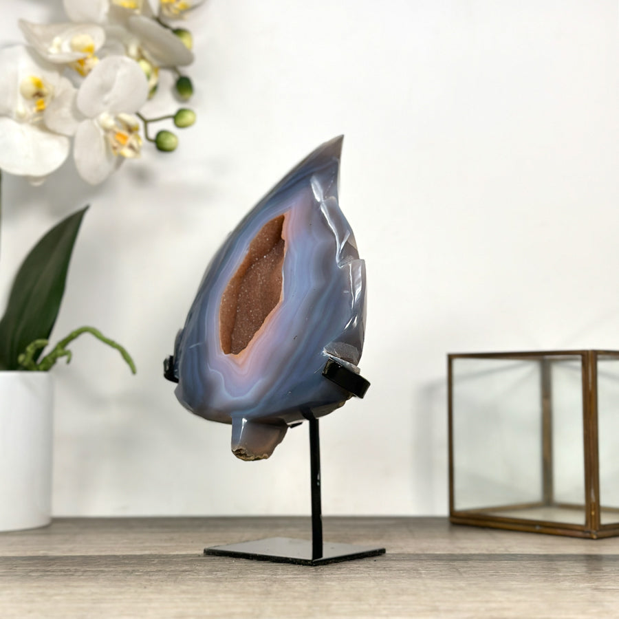 Natural Blue Banded Agate Geode Stone Leaf Carving with Orange Druzy Interior - MWS2807