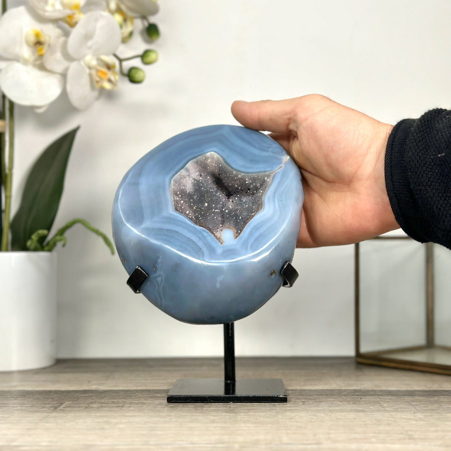 Blue Agate Geode With Crystal Center on Metal Stand - MWS2767