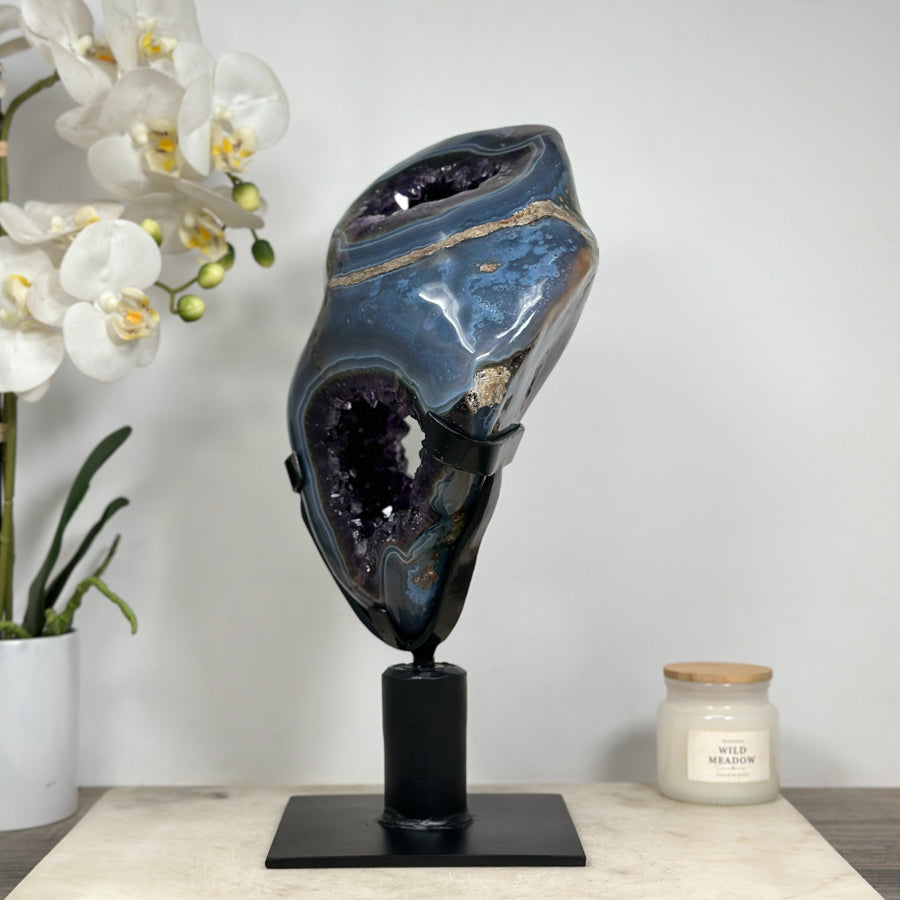 Natural Blue Banded Agate &amp; Amethyst Geode on Rotary Stand – Great for Altar Decoration or Mindful Spaces - MWS1518