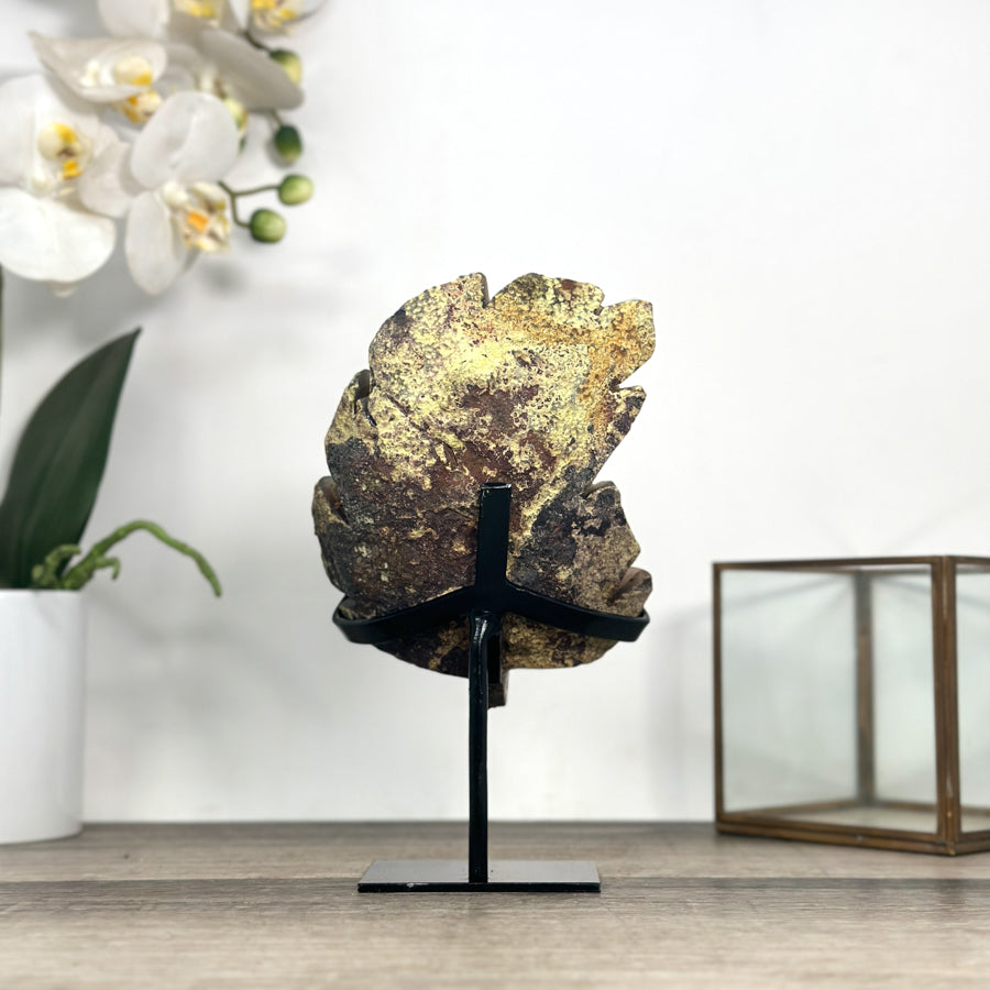 Agate &amp; Quartz Druzy Stone Leaf Carving on Metal Stand - MWS2804