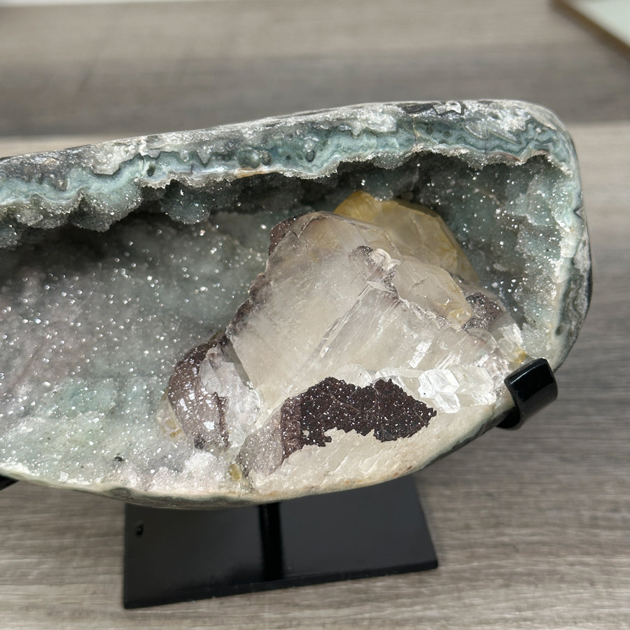 Green Quartz Geode with Calcite Crystal on Metal Stand - MWS2722