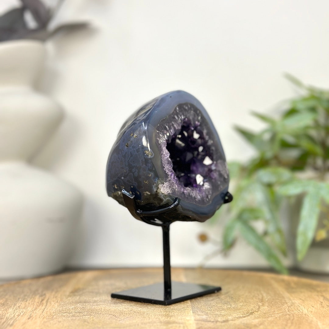 Uruguayan Amethyst Geode with Blue Banded Shell - Stand Included - MWS3260