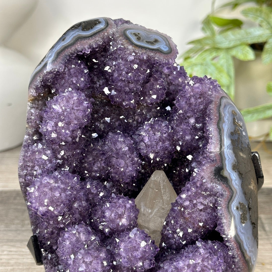Natural Amethyst &amp; Calcite Formation with Stalactites and Blue Agate Shell - MWS3287