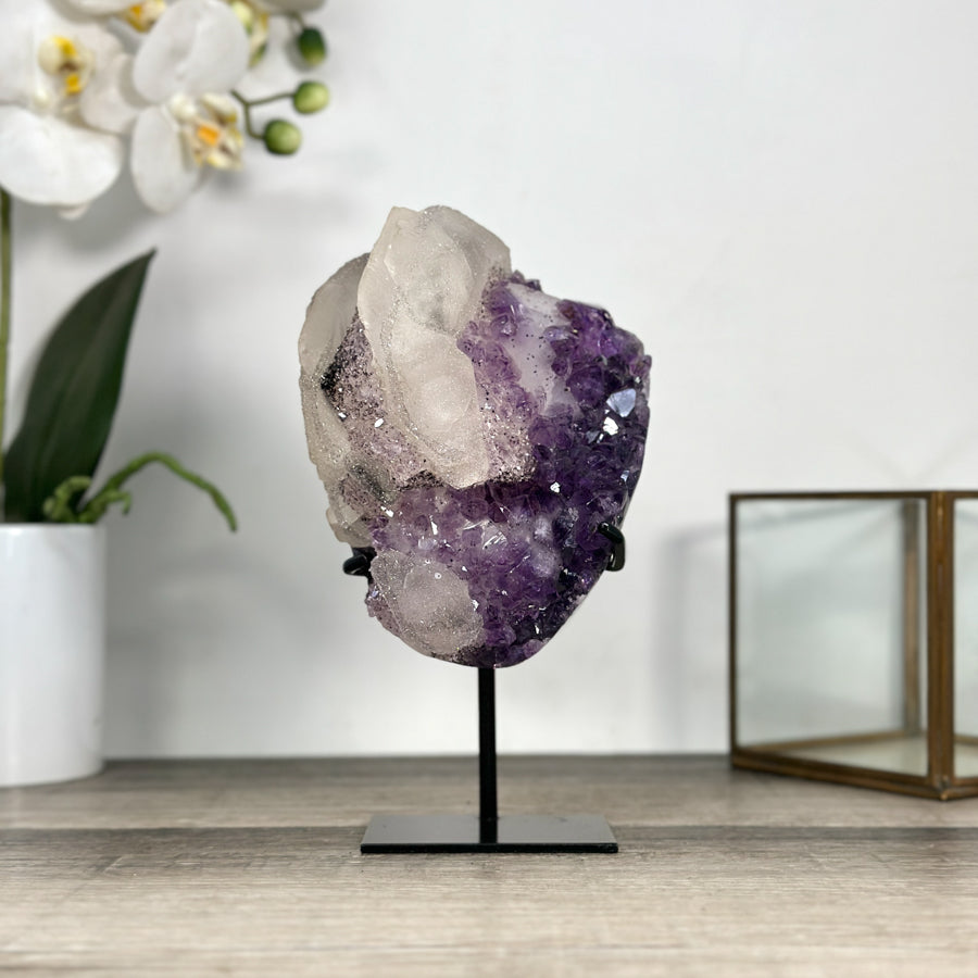 Natural Calcite &amp; Amethyst Specimen on Metallic Stand - MWS2766