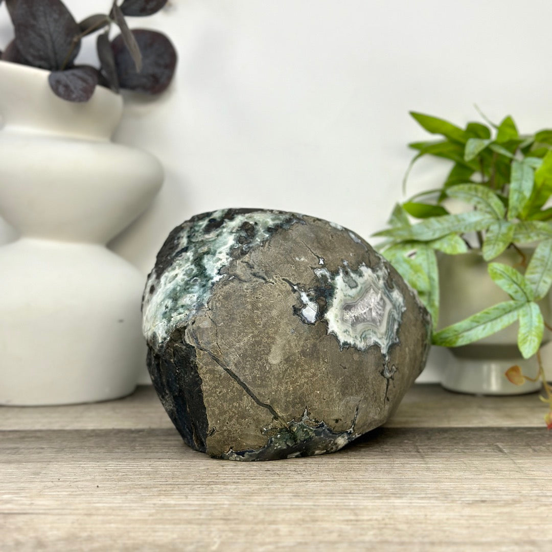 Natural Quartz &amp; Green Jasper Stone Geode with Calcite Formation - STGE0031