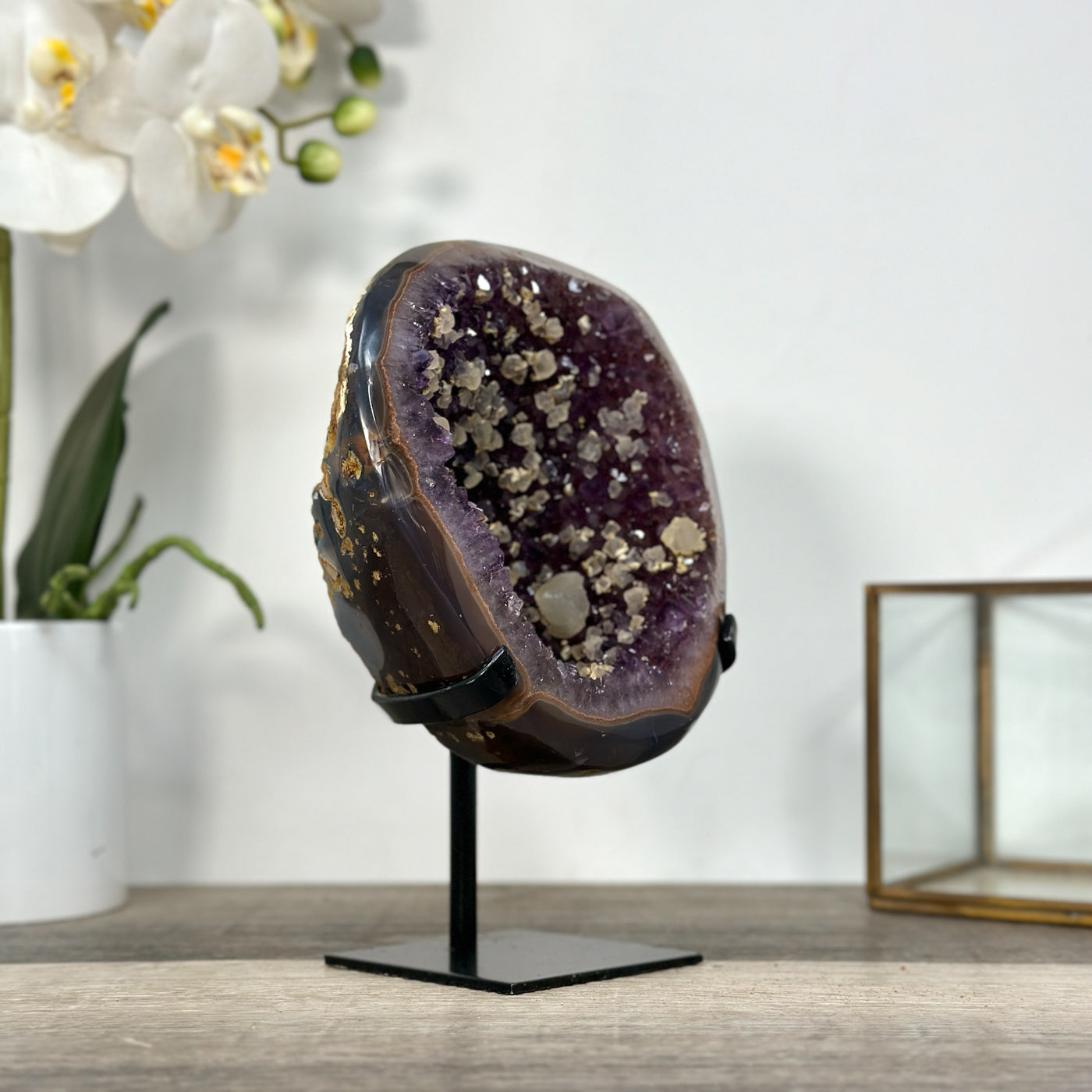 Natural Amethyst Geode with Calcite Inclusions on Stand - MWS2681