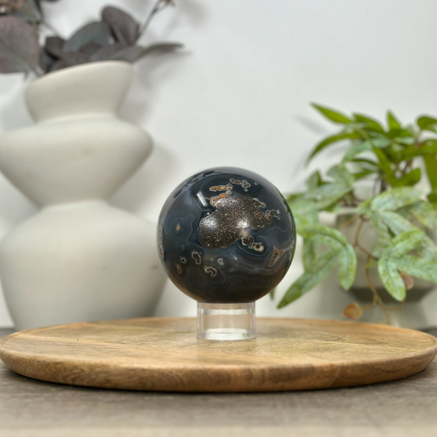 Blue Banded Agate Druzy Sphere Geode with Orange Tone Crystal Cavity - SPH0152