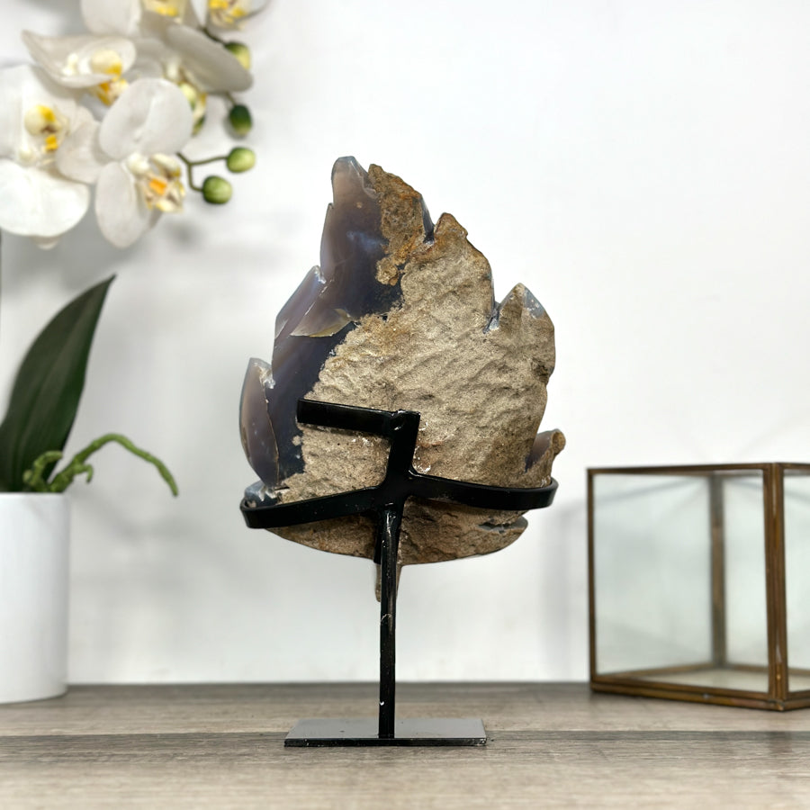 Natural Blue Banded Agate Geode Stone Leaf Carving with Orange Druzy Interior - MWS2807