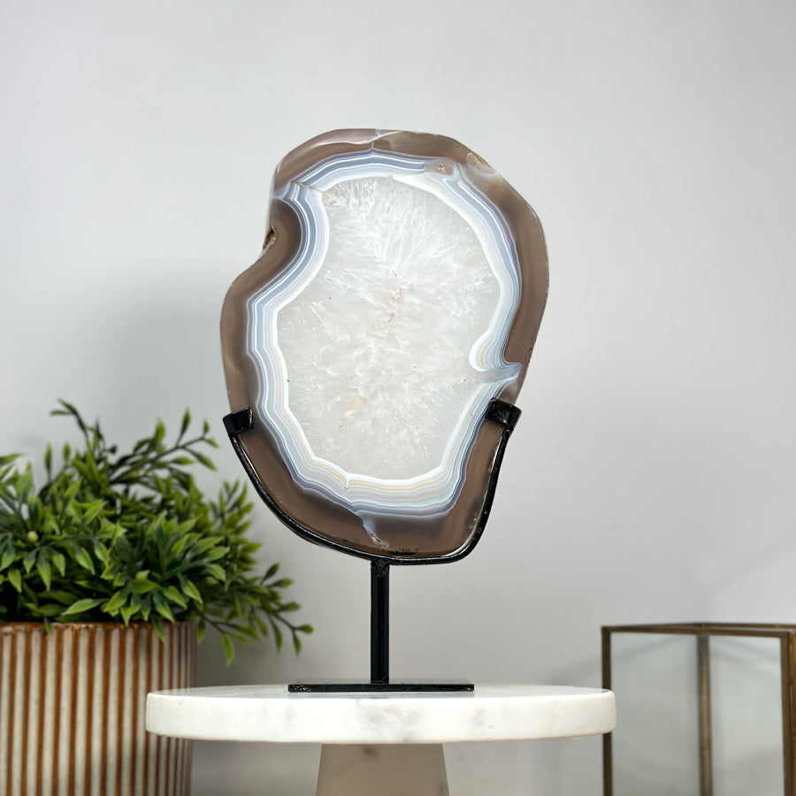 Beautiful Blue Banded Agate Slice with Metallic Stand - MWS2140