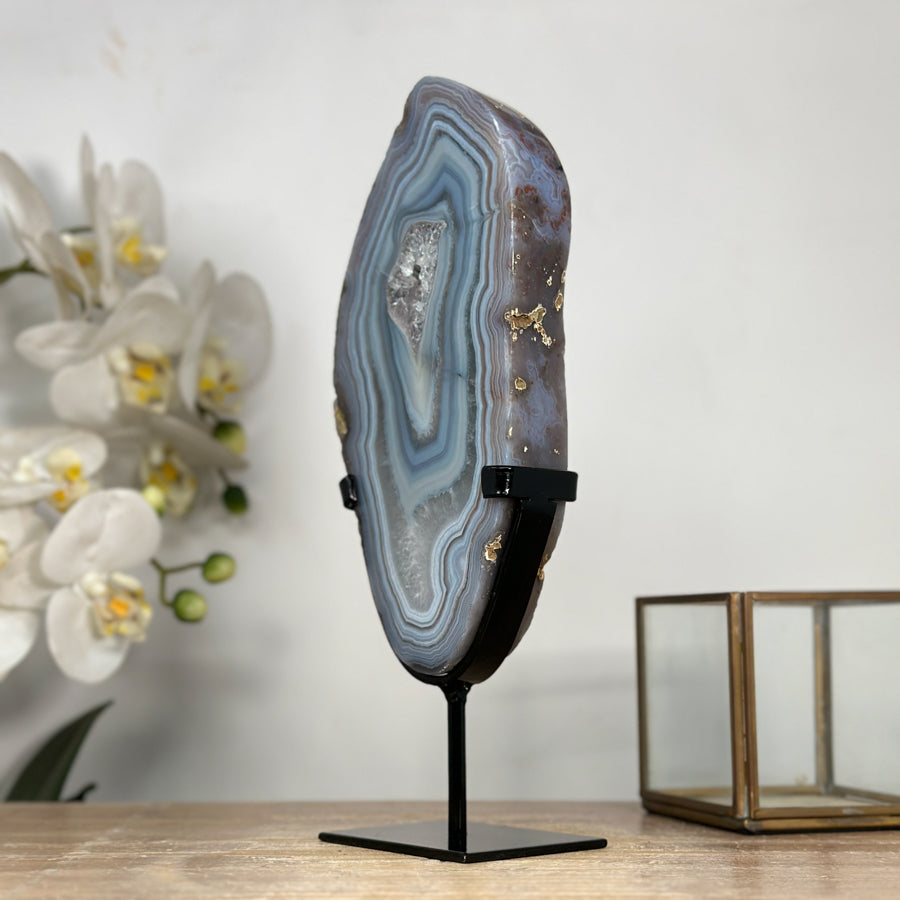 Blue Agate Polished Slice with Metal Stand – Uruguayan Gemstone for Shelf or Altar - MWS2010