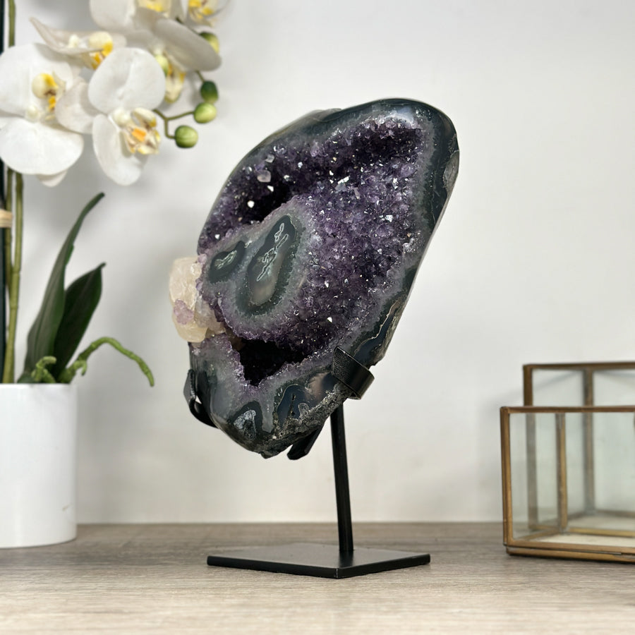 Natural Amethyst Stone with Calcite Crystal Formation, Metallic Display Included - MWS2355