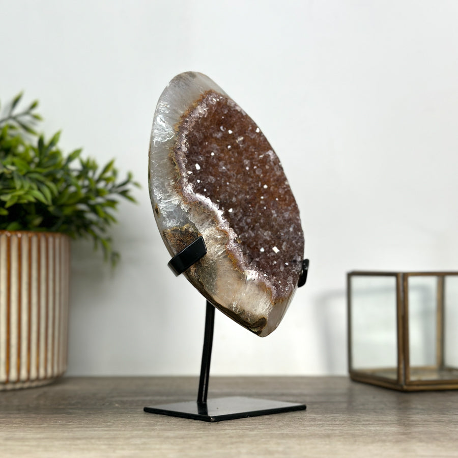 Caramel Tone Quartz Geode on Metal Stand – Natural Crystal Statement Piece from Uruguay - MWS2418