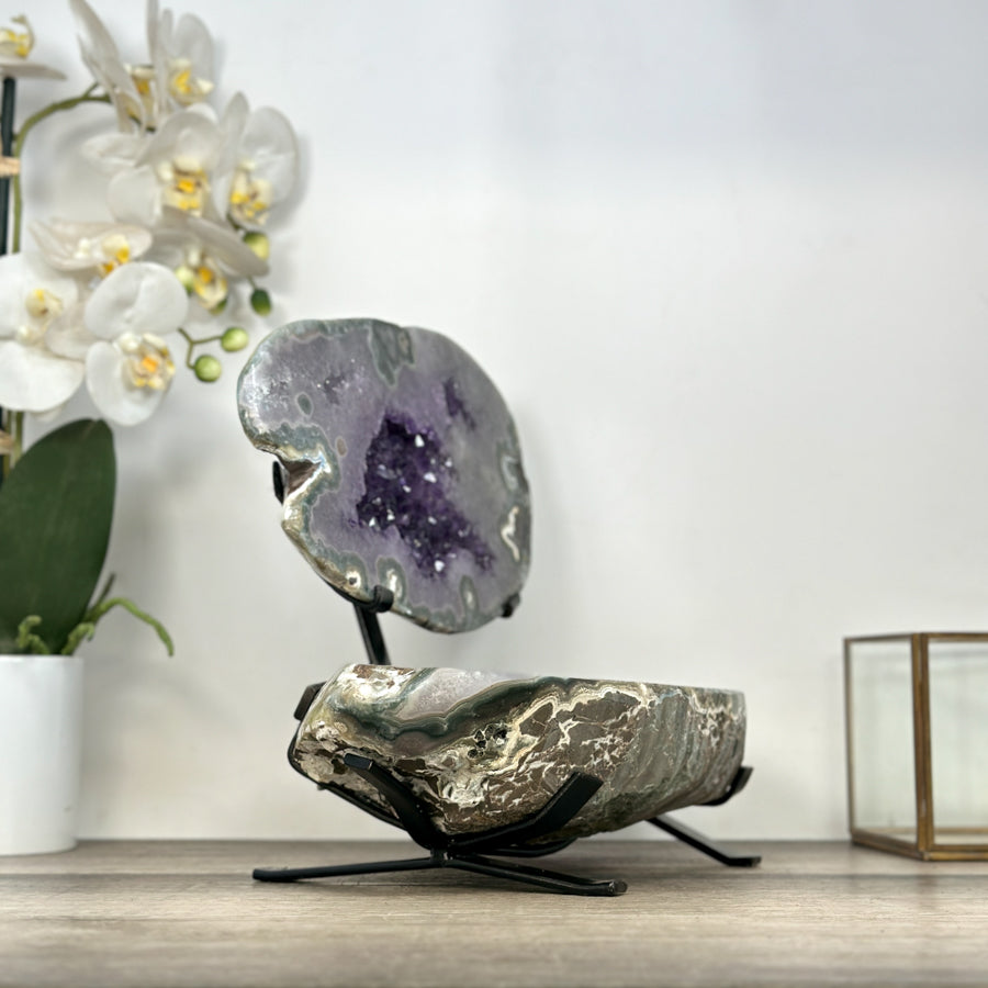 Large Amethyst &amp; Green Jasper Jewelry Box on Metal Stand - MWS2993