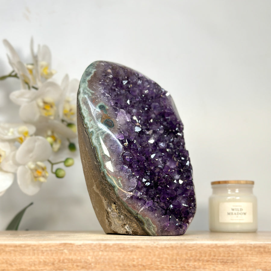 Natural Amethyst Crystal Cluster with Green Jasper Shell for Home Decor - CBP1142