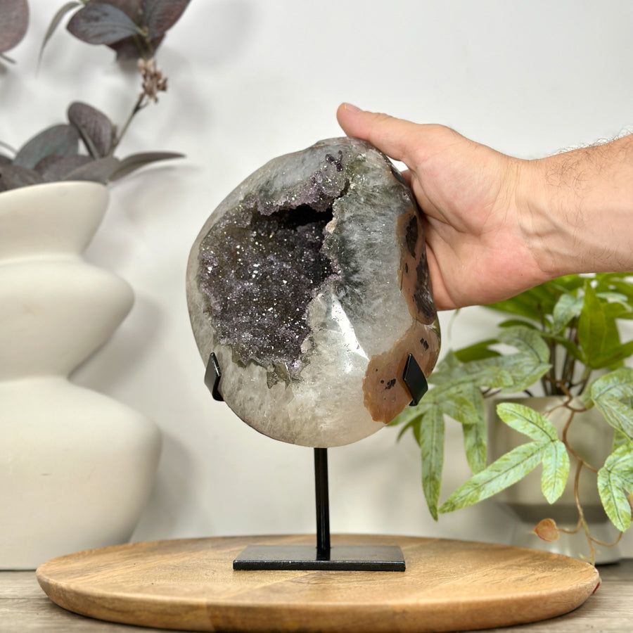 Natural Sugar Quartz Geode Mineral Specimen on Metal Stand - MWS3110