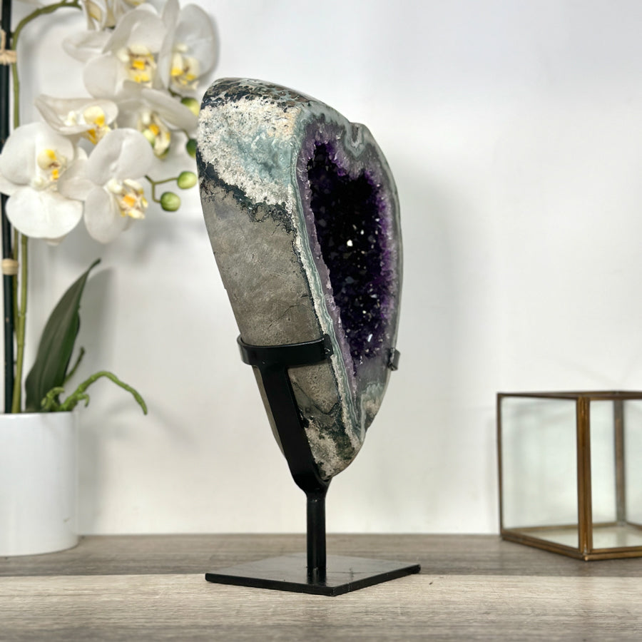 Deep Purple Amethyst Geode With Metal Stand – Unique Crystal Art - MWS2713