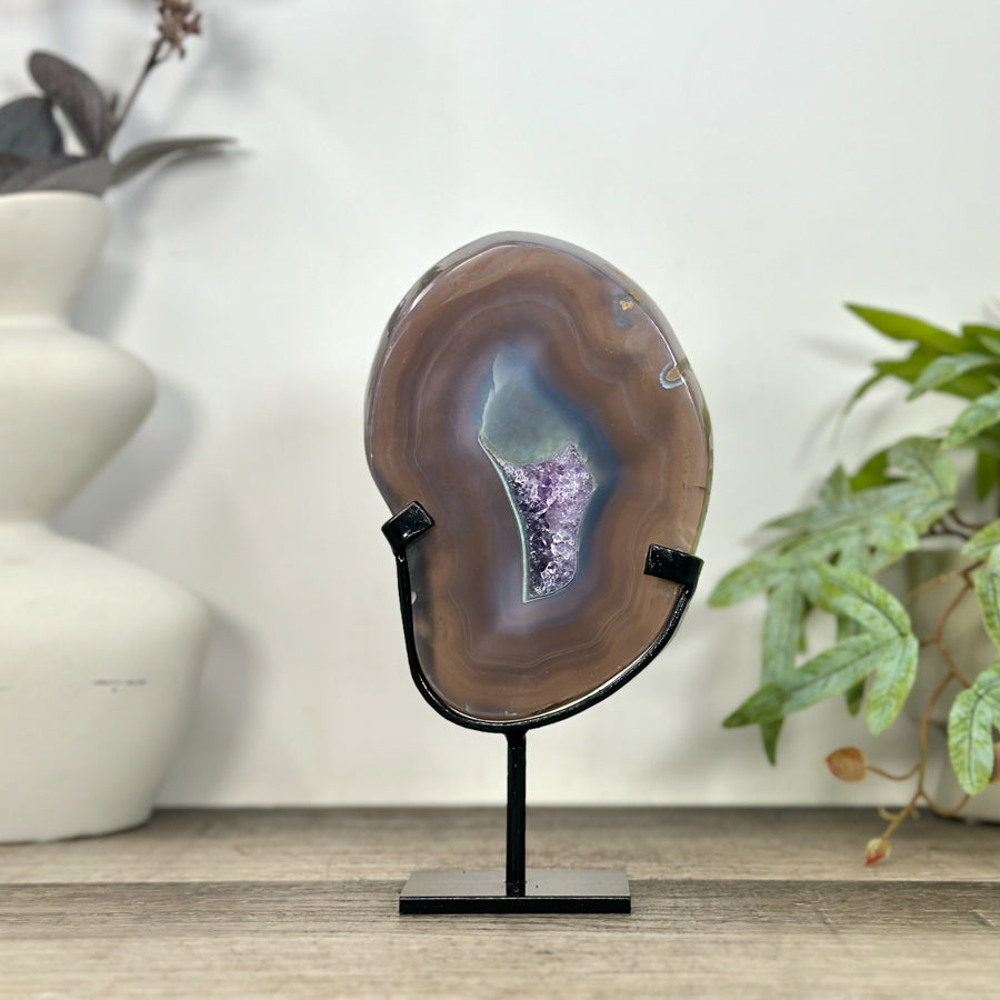 Natural Agate &amp; Amethyst Geode Slab on Metal Stand - MWS3240