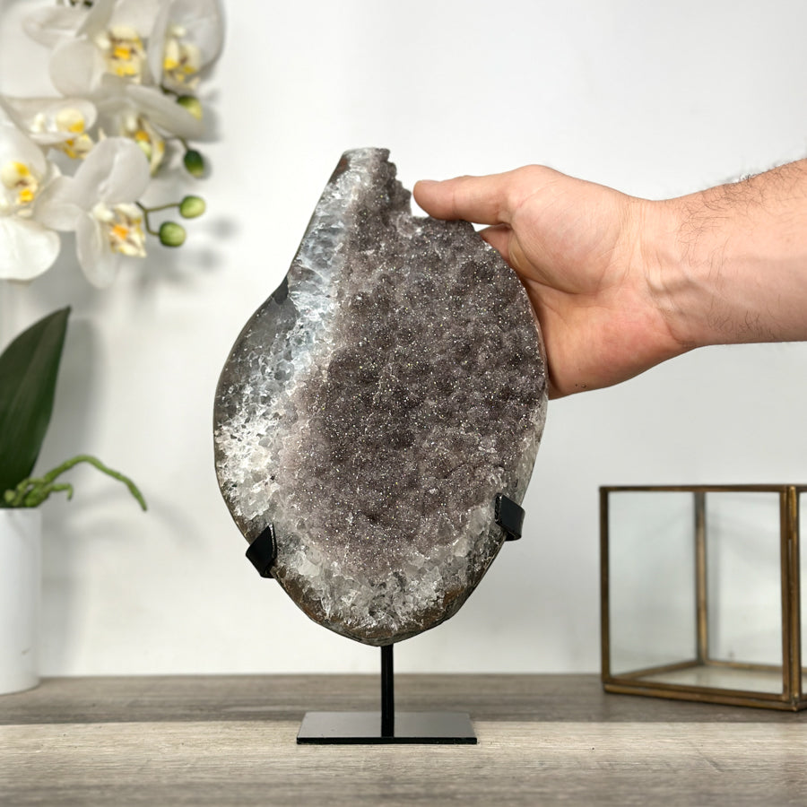 Smoky Sugar Quartz Geode on Metal Stand – Unique Crystal for Office Decor - MWS2740