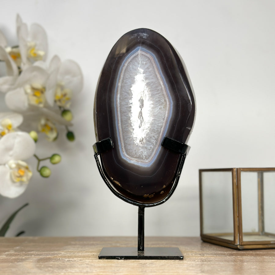 Blue Agate Polished Slice with Metal Stand – Uruguayan Gemstone for Shelf or Altar - MWS2002