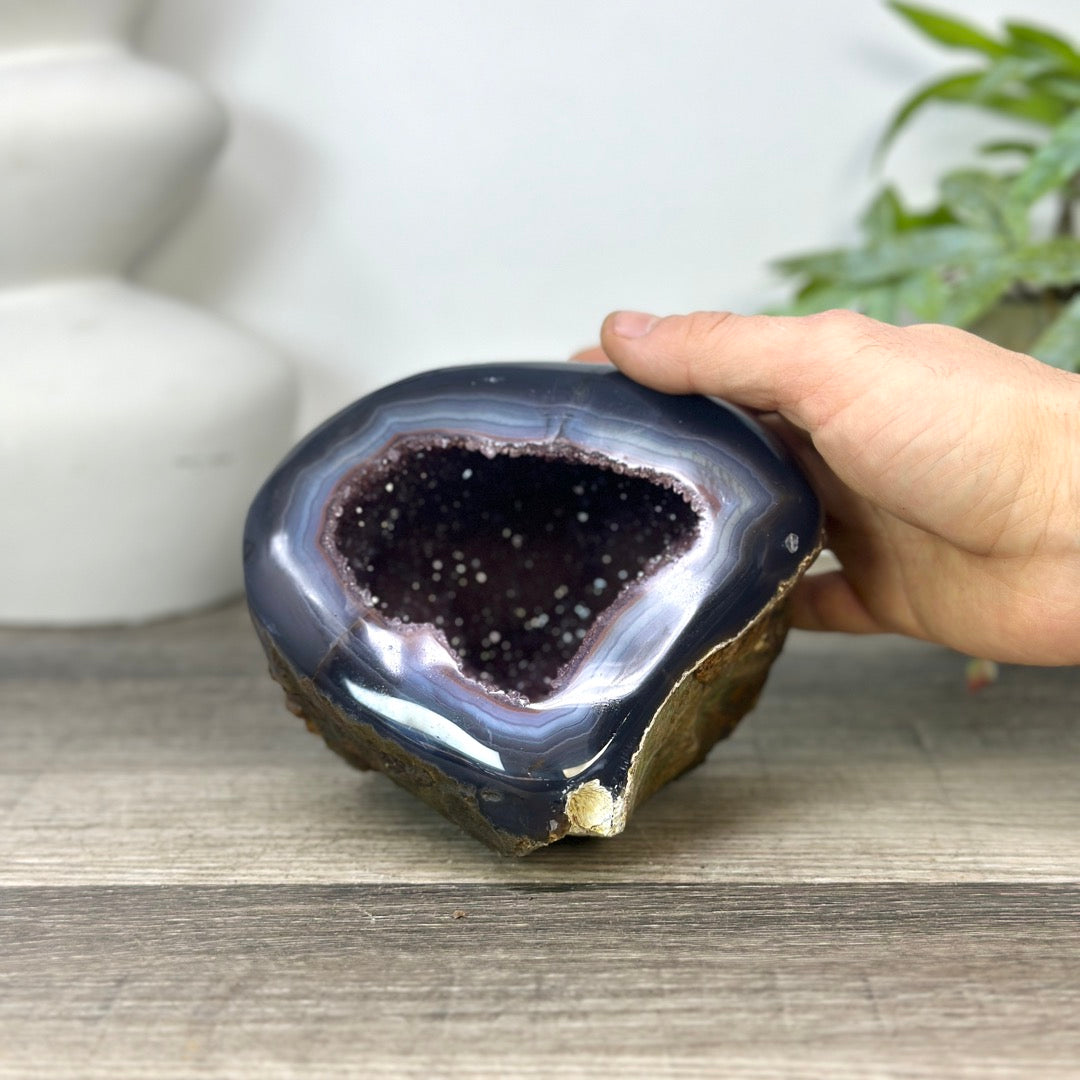 Natural Pink Amethyst Geode with Blue Banded Agate Shell - STGE0040