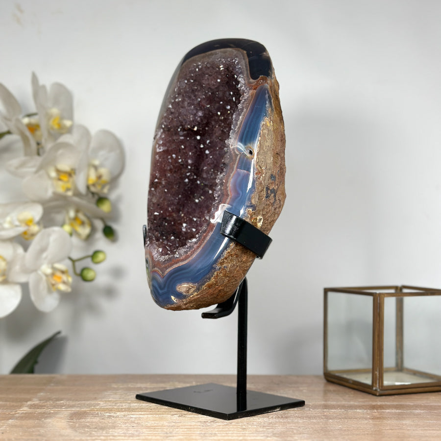 Stunning Natural Amethyst Geode with Blue Banded Agate Shell - MWS1843