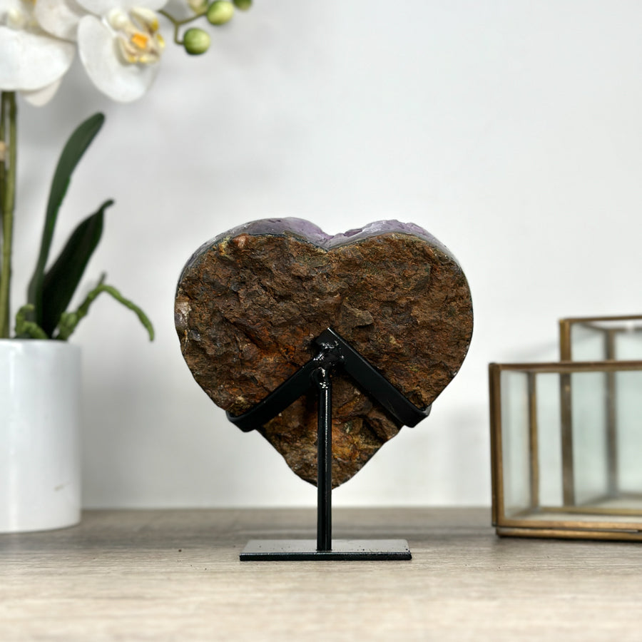 Natural Amethyst Crystal Heart, Metal Stand Included - HST0314