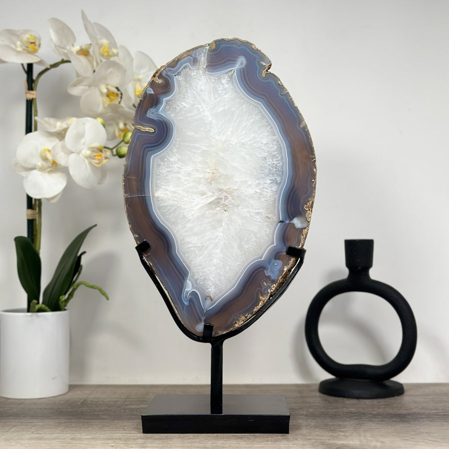 Large Natural Agate &amp; Quartz Slice with Metallic Stand - MWS1267